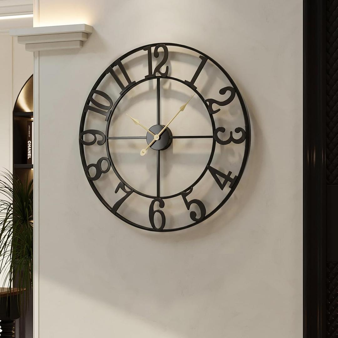 Cuspin Large Wall Clock, 24 Inch Black Clocks for Living Room, Modern Metal Round Battery-Operated Decorative Wall Clock, Arabic Numerals Silent Non Ticking for Kitchen Mantel Bedroom Office Decor