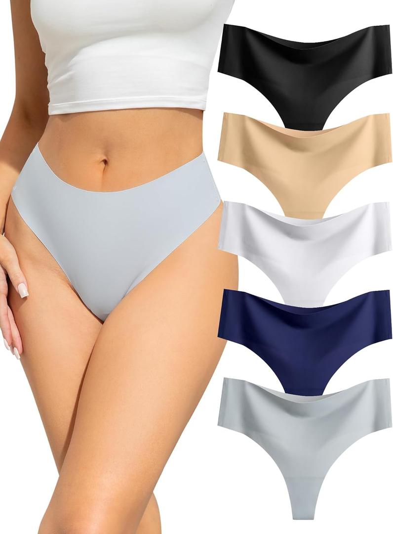 voenxe Seamless Women Underwear Thongs,High Waisted Ladies No Show Panties Line,Invisible Comfy Workout Undies,Soft,5-Pack (Medium, Basics)