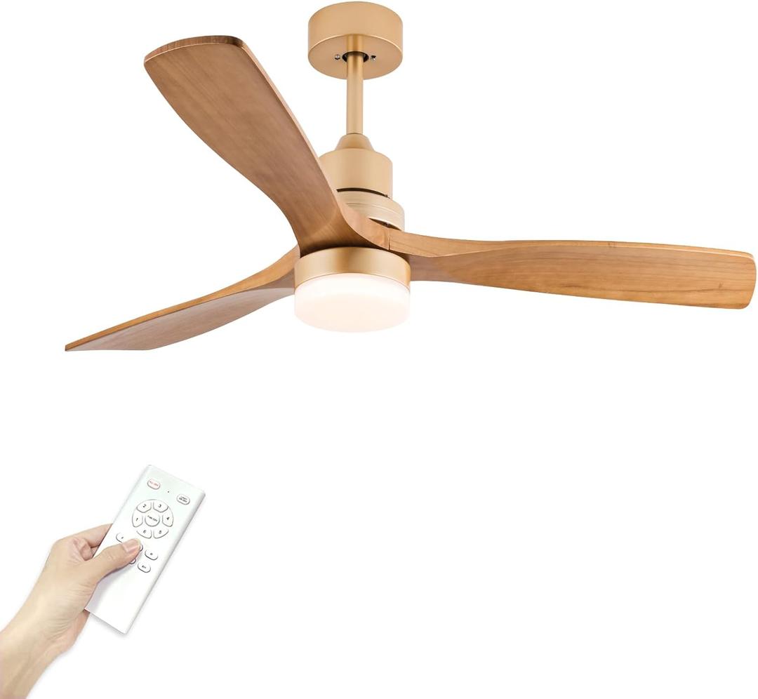 Champagne Gold Luxury Style Ceiling Fan with Light Solid Wood Blade Noiseless Reversible Motor Dimmable Light Memory Living Room and Bedroom Ceiling Fan (Golden04), 52