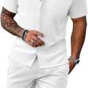 UOUA 2 Piece Short Sets for Men Summer Beach Outfits Stripe Texture Button Down Shirts & Shorts Casual Vacation Set (Large, White)