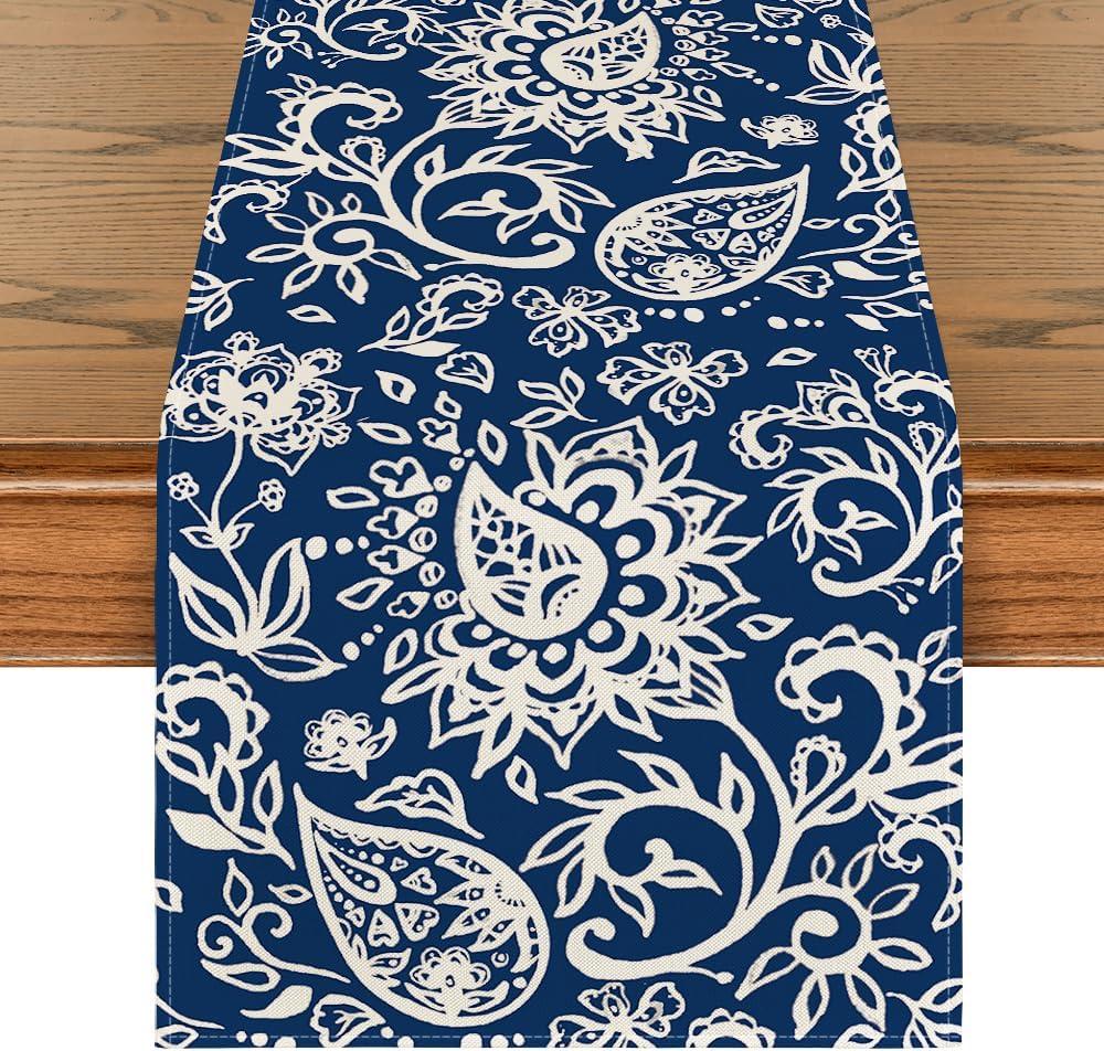 Artoid Mode Blue Floral Paisley Table Runner, Seasonal Spring Kitchen Dining Table Decoration for Home Party Decor 13x72 Inch