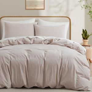 LOVQUE Bedding Duvet Cover Queen Size, 100% Washed Cotton Linen Like Natural Bedding Set with Zipper Closure (No Comforter), 90x90, Light Linen Grey