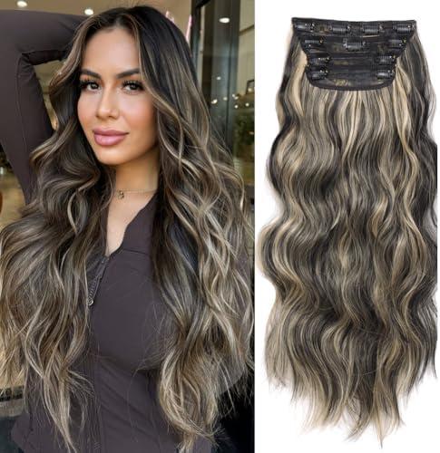 Black Mix Blonde Hair Extensions 4PCS Blonde Highlight Clip in Hair Extensions for Women 20 Inch Long Wavy Curly Hair Extension Highlight Syntheitc Hairpieces