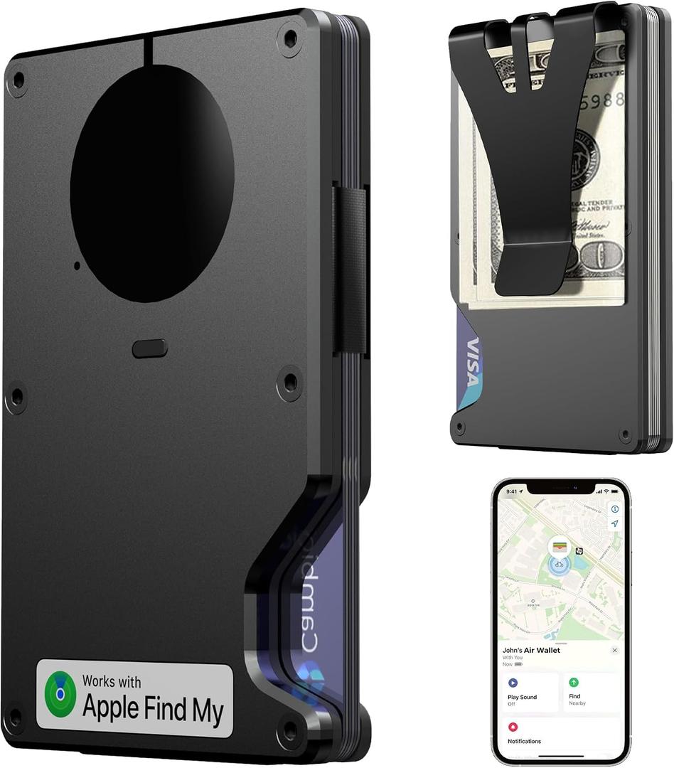 Air Wallet, Built-in Tracker Slim Wallet, Smart Wallet with Money Clip, Compatible with FindMy Network(iOS Only), Anti-Theft Card Holder, *Gift for Men (Tracker Wallet, Black)