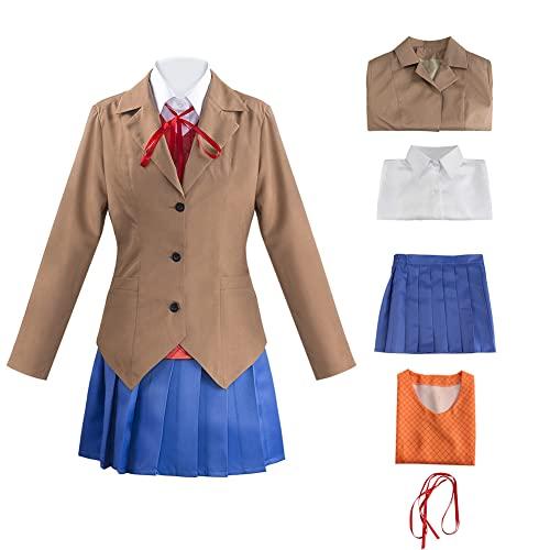 Juejuezi Doki Doki Monika Outfit Yuri Uniform Dress Sayori Cosplay Costume Women Pleated Skirt Shirt Set Halloween (XXL, Brown)