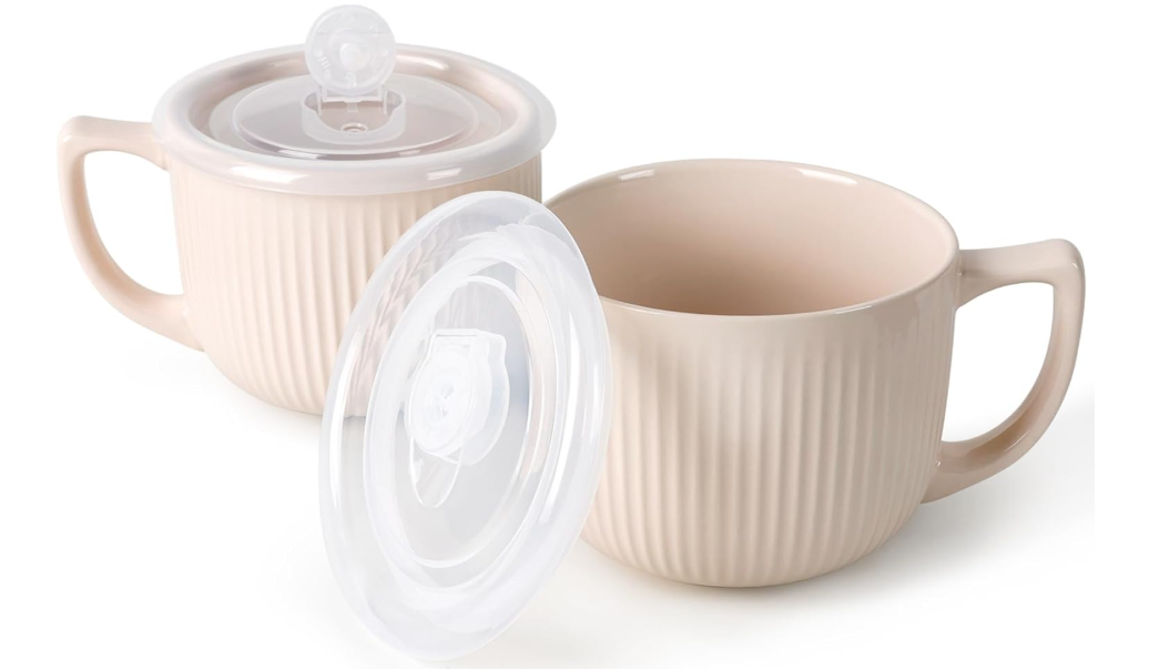 ZEBERBO Ceramic Soup Bowls with Vented Lid, 32 Ounce Soup Mug with Handle, 2packs 5 inch Jumbo Soup Cups, Wide Large Cereal Bowl for Oatmeal, Gumbo Salad, Microwave Oven Safe (Latte)