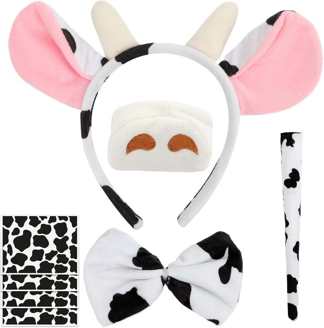 Mototo 8 PCS Cow Costume Accessories Set Ears Headband Women Milk Nose Tail Bow Tie Felt Pads Cow Print Sticker for Adults Halloween Birthday Dress Animal School Cosplay Party Favor