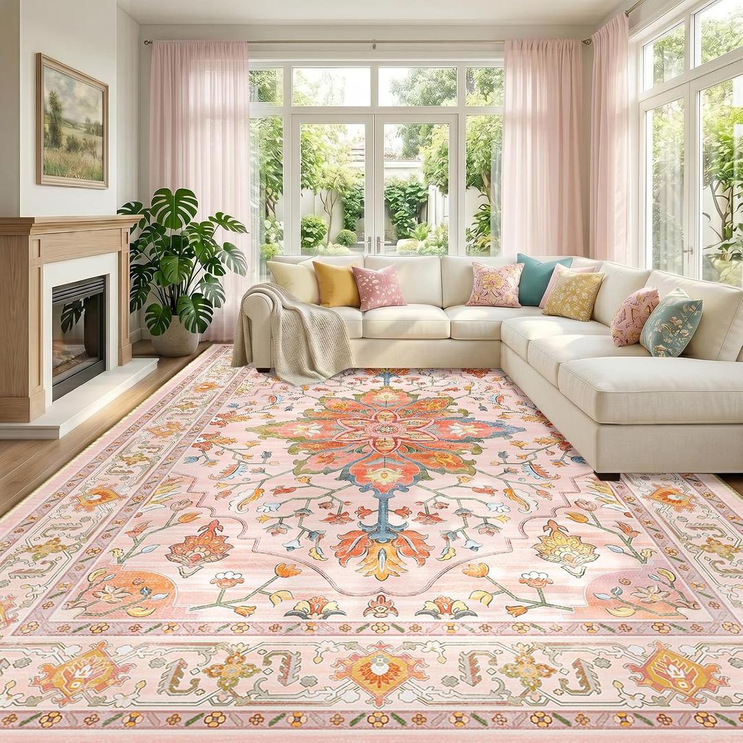 RELEANY Washable Area Rug, Large 10'x14', Pink/Light Pink/Colorful