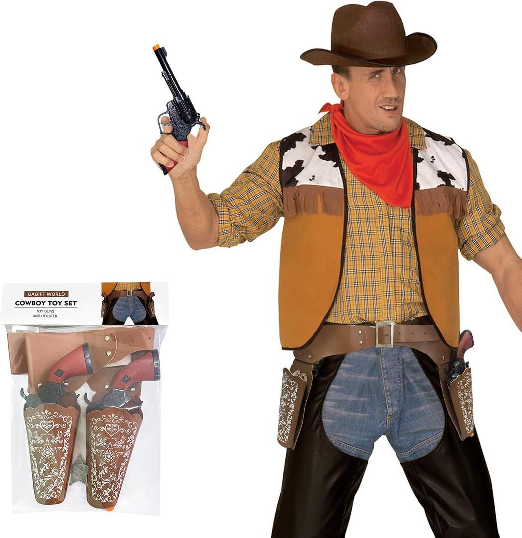 Cowboy Toys Gun and Western Holster Set for Adults, Toy Revolver and Adjustable Belt Halloween Costume Accessory for Men and Women (37-43 Inches)