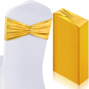 Hahafelt 50 Pcs Chair Sashes Shiny Bow Spandex Bands for Chair Wedding Banquet Parties Reception Restaurant Decoration (Gold)
