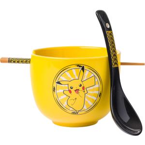 Silver Buffalo Pokemon Pikachu Electric Ceramic Ramen Noodle Rice Bowl with Chopsticks and Spoon, Microwave Safe, 20 Ounces