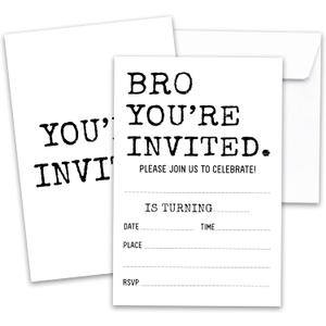 Bro You're Invited, 20 Double-Sided Teen Boy Birthday Party Invitation Cards with Envelopes, Minimalism Birthday Invites for Boys, Party Favors Decorations and Supplies, 30