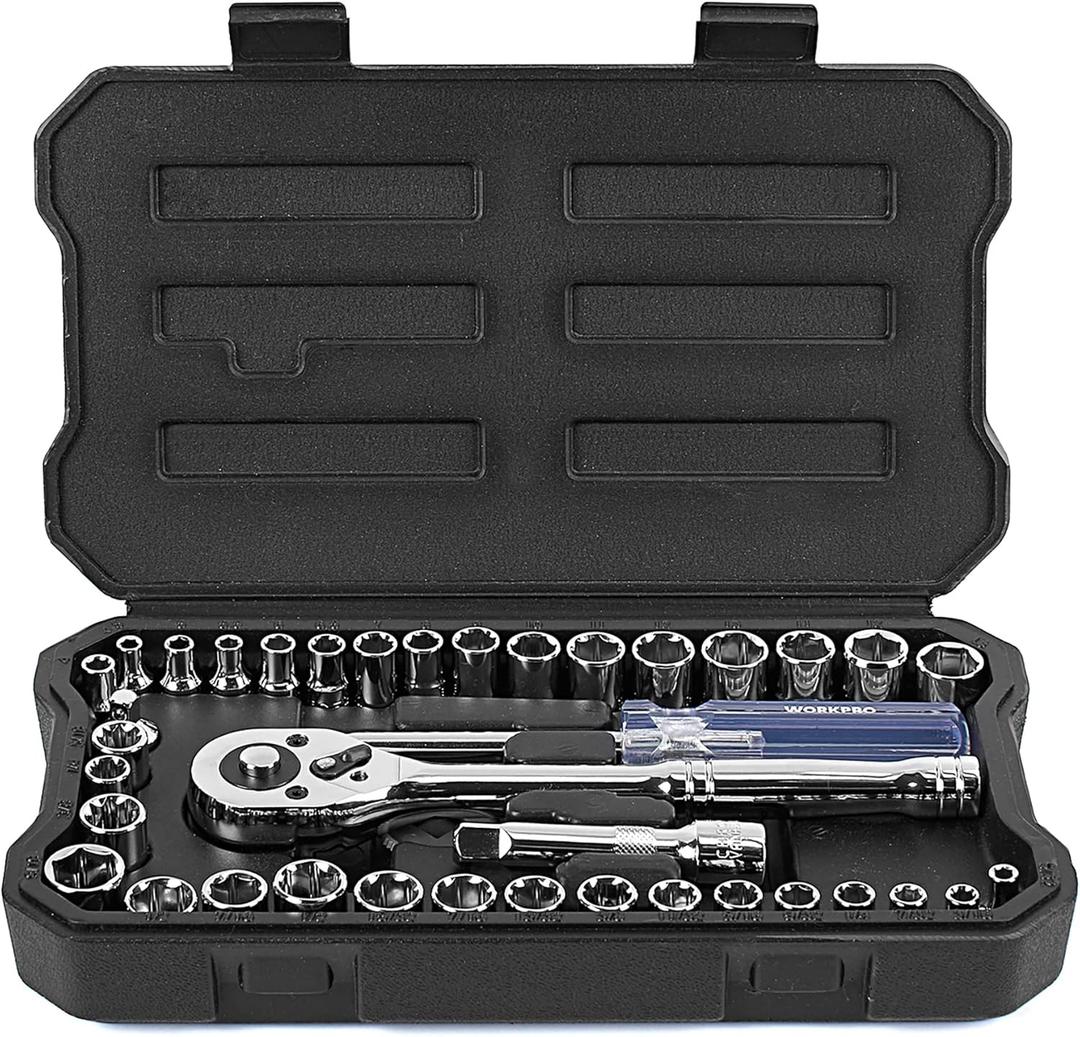 WORKPRO 39-Piece Drive Socket Set 1/ 4''3/ 8'', CR-V Metric and Imperial Sockets with Quick-Release Ratchet Wrench, Compact Sockets Set for Car Repair