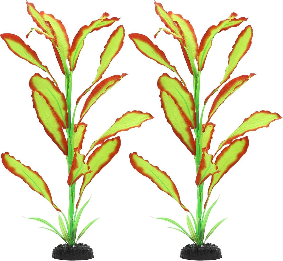 ALEGI Silk Aquarium Plants, 16 Inch Artificial Silk Plants Decorations for Fish Tank,Aquarium Dcor Plastic Plants (Light Green with Red, 2 Pack)