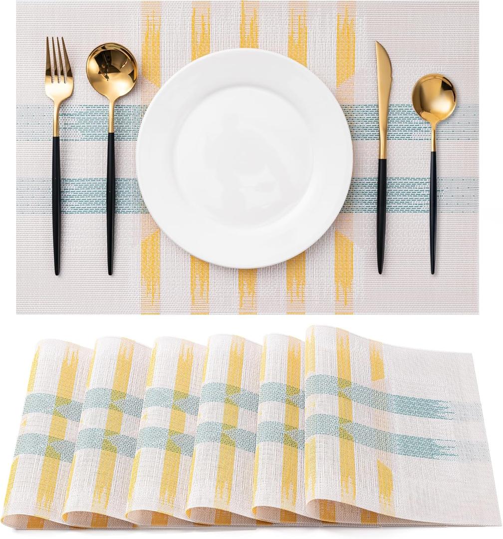 CADONO Placemats Set of 6 Washable Indoor/Outdoor Vinyl Place Mats for Dining Table Durable Non-Slip Heat Resistant PVC Weave Table Mats Beige Green Cross