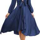 miduo Womens Dresses Satin Long Sleeve V Neck Tie Front High Waist Skater Cocktail Long Midi Dresses for Wedding Guest Homecoming Honeymoon Navy M