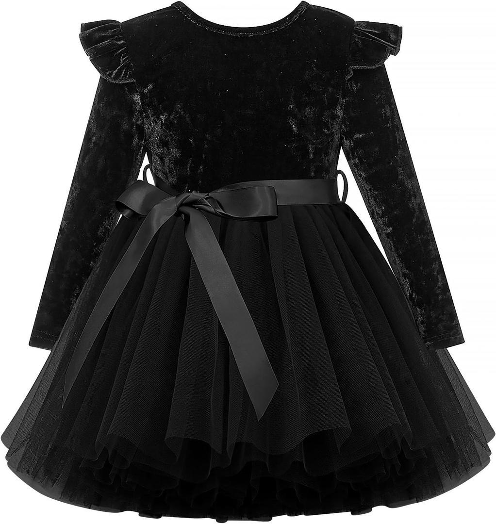 UNICOMIDEA 1-6T Toddler Velvet Dress Little Girls Tutu Tulle Crewneck Long Sleeve Holiday Party Fashion Dresses (Black)