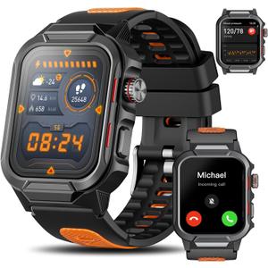 Smart Watches for Men (Answer/Make Calls), 1.96" Fitness Smart Watch with Heart Rate/Blood Oxygen/Sleep Monitor/100+ Sport Modes, 3ATM Waterproof Smartwatch Mens Watches for Android and iPhone (Black+Orange)