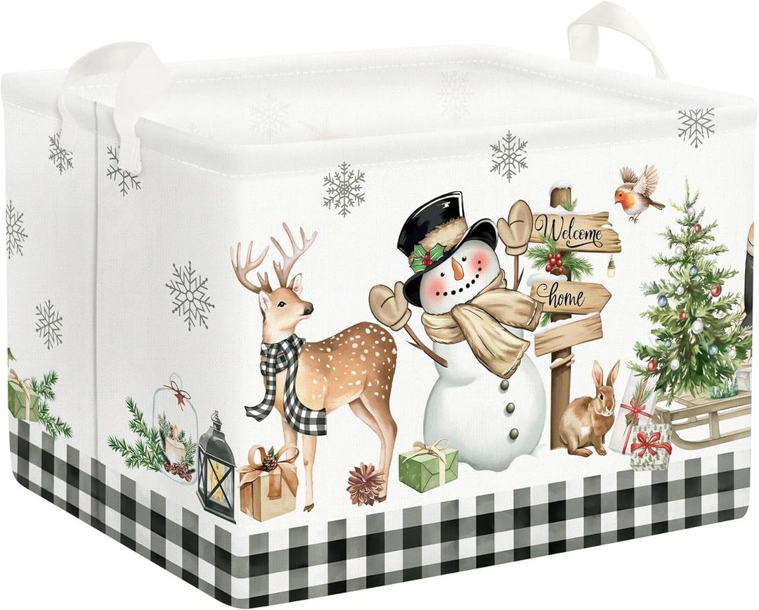 Clastyle Brown Plaid Snowman Christmas Tree Gift Basket Large Winter Deer Gnome Truck Snowflake Nursery Bin Cube Collapsible Rectangle Kid Clothes Toy Book Shelf Basket (40*30*30 cm)