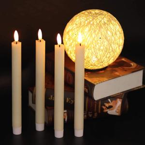 GenSwin Flameless Ivory Taper Candles Flickering with 10-Key Remote, Battery Operated Led Warm 3D Wick Light Window Candles Real Wax Pack of 4, Christmas Home Wedding Decor(0.78 X 9.64 Inch)