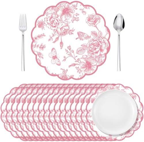 Supervitae 60 Pack Pink Floral Paper Place Mats Chinoiserie Scalloped Disposable Placemats 13.5 Inch Flower Decorative Table Mats for Dinner Table Setting Banquet Birthday Wedding Bride Party Supplies