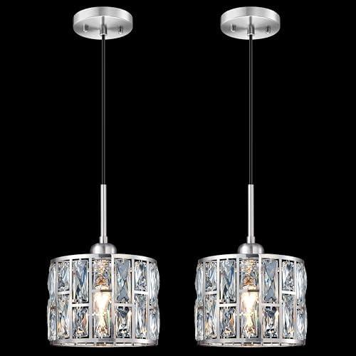 2 Pack 1 Light Hanging Kitchen Island Crystal Pendant Ceiling Light Fixture,Modern 8.3" Crystal Shade Brushed Nickel Finish for Bar,Dining Room,Living Room Over Sink Hallway