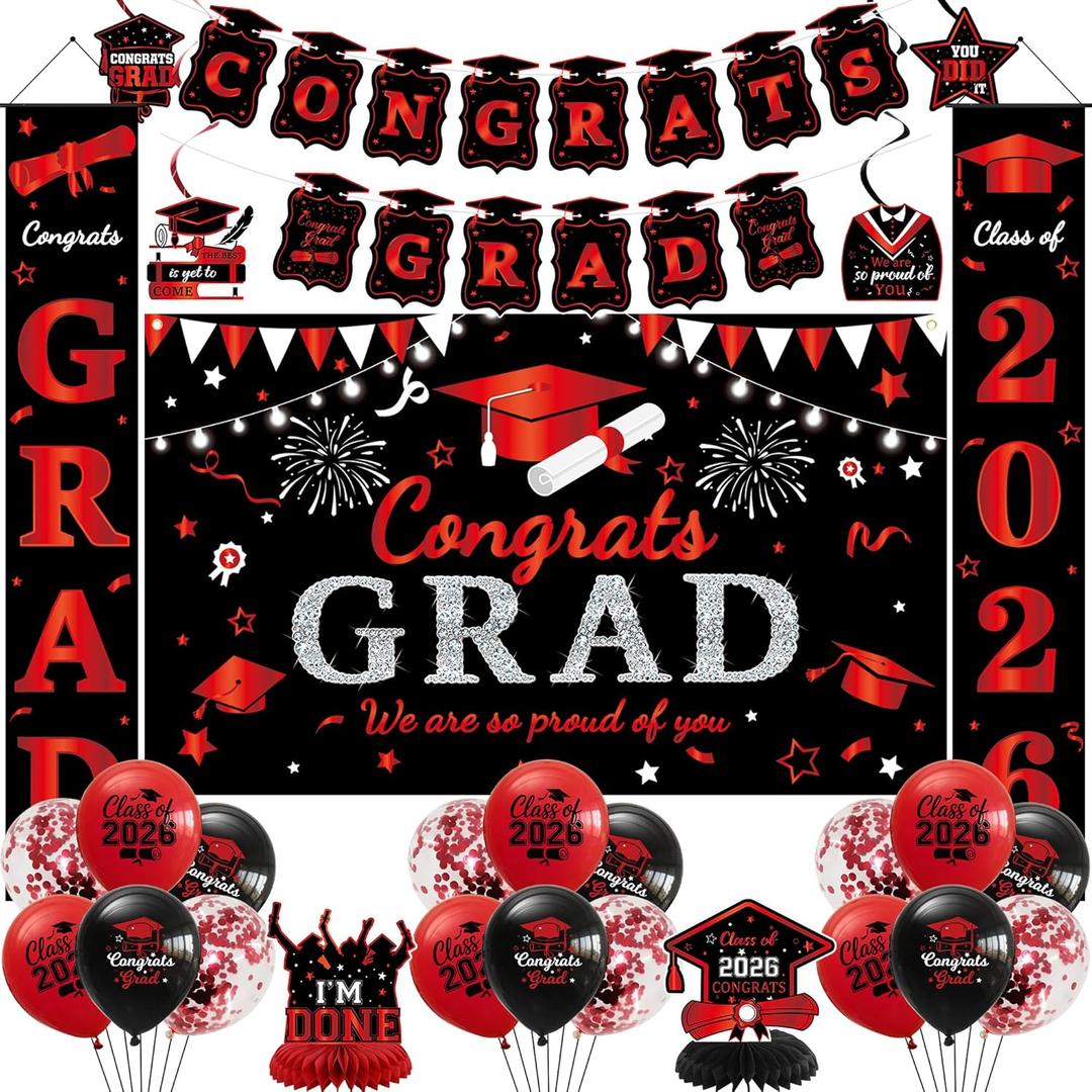 Roetyce Graduation Decorations Men Women, Black Red Congrats Grad Door Banners Balloons Hanging Swirls Centerpieces, Red Class of 2026 Party Supplies Indoor/Outdoor, Graduation Photo Backdrop