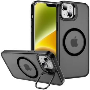 DEERLAMN for iPhone 14/iPhone 13 Case with Stand,[Compatible with Magsafe][Built-in Camera Bracket] Shockproof Drop Protection Slim Translucent Matte Phone Cover-Translucent Black 2Pcs