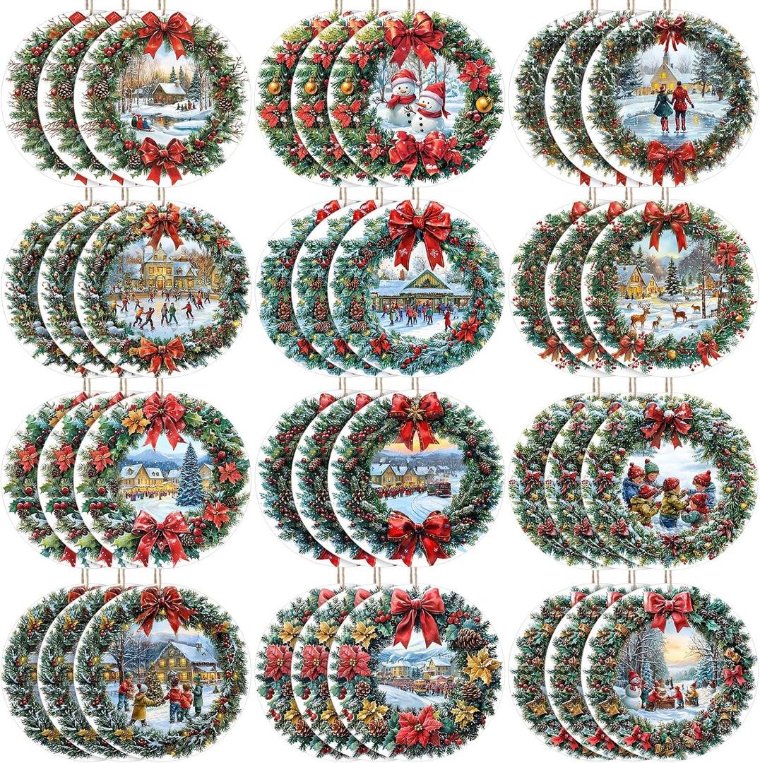 Soaoo 36 Pcs 7.9 Inch Wreath Christmas Outdoor Decorations Large Hanging Christmas Ornaments Double Sided Xmas Plastic Decor for Xmas Tree Office Home Yard Porch Holiday