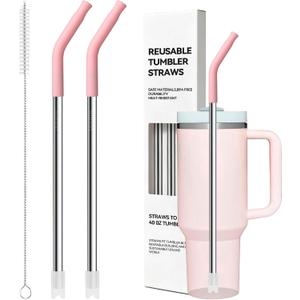 Metal Straws With Silicone Tip For Stanley 40 oz Tumbler,Long Stainless Steel Straws Replacement for Stanley Quencher H1.0 H2.0 40oz Cups,Reusable Dishwasher Safe Fit Simple Modern&Big Size Cups Pink