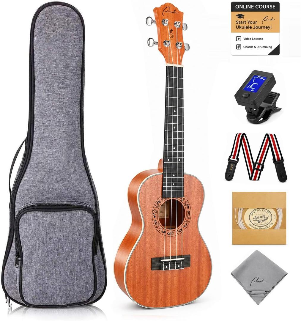 Ranch 23 Inch Concert Ukulele Kit for Beginners Adults, Sapele Wood Hawaiian Ukelele with Arched Back for Richer Sound, Includes 12 Online Lessons, Gig Bag, Tuner, Strap, Aquila Strings
