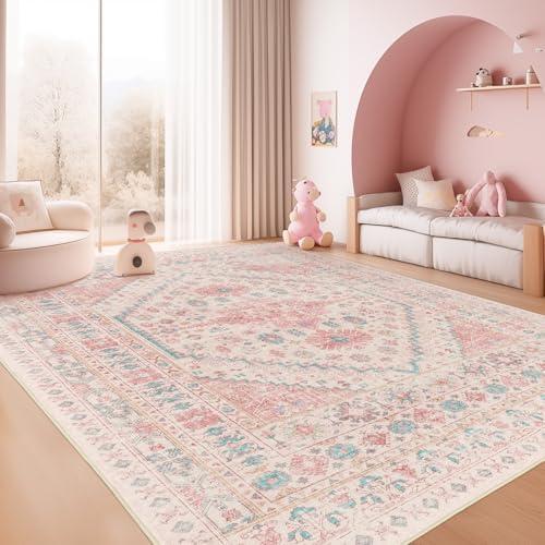 zesthome 8'x10' Area Rugs for Girls Bedroom, Low Pile Machine Washable Rugs, Vintage Large Pink Rugs, Stain Resistant Nursery Room Rug, Baby Crawling Rug (Pink/Blue,8'x10')