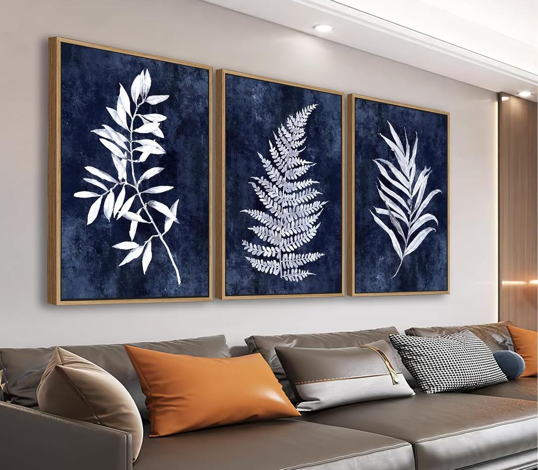 Large Framed Canvas Wall Art - Natural Float Framed Rustic White Leaf Pictures Wall Art Prints for Living Room Decor Indigo Plant Artwork Decorations for Bedroom Kitchen Home Office 72" X 36" Set of 3