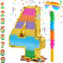 Rainbow Number 4 Pinata for 4th Birthday Party Decorations, Birthday Pinata with Stick Blindfold and Confetti, Kids Anniversary Celebration, Fiesta (Small, 16.5 x 11.5 x 3 In)