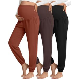 3 Pack Women's Maternity Pants Maternity Jogger Sweatpants Over The Belly Stretchy Pregnancy Pants with Pockets (Medium, Pumpkin, Dark Brown, Black)