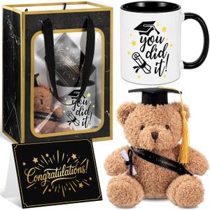 Sliner 4 Pcs Graduation Gifts 2026 for Her or Him, Stuffed Graduation Bear 11oz Ceramic Grad Mug Greeting Card with Bag, End of Year Gifts(Grad)