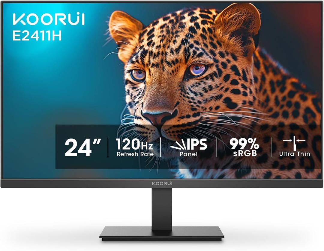 KOORUI 24 inch Monitor 120Hz, Full HD 1920 * 1080p IPS Ultra-Thin Computer Monitor, 99% SRGB Color Gamut, VESA 100 * 100mm Mountable,Tilt Adjustable,HDMI & VGA Ports,Black, E2411H (24"/120Hz/IPS)