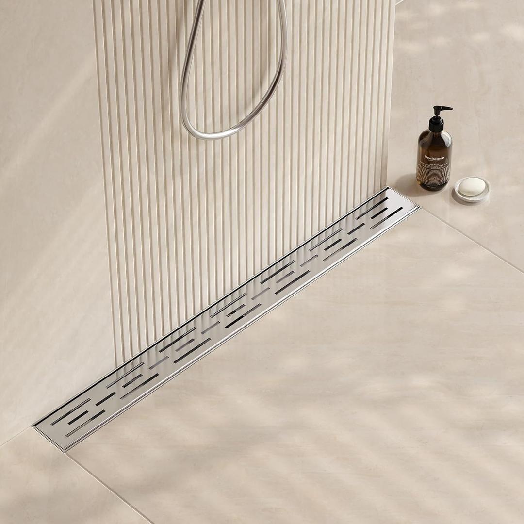 Neodrain 28 Inch Rectangular Linear Shower Drain with Brick Pattern Grate, Brushed 304 Stainless Steel Bathroom Floor Drain, Shower Floor Drain Includes Adjustable Leveling Feet, Hair Strainer