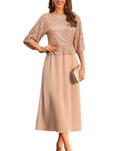 GRACE KARIN Mother of Bride Dresses 2025, 3/4 Sleeve Sequin Dress Maxi, Wedding Guest Dress Formal Cocktail Champagne Gold Size S