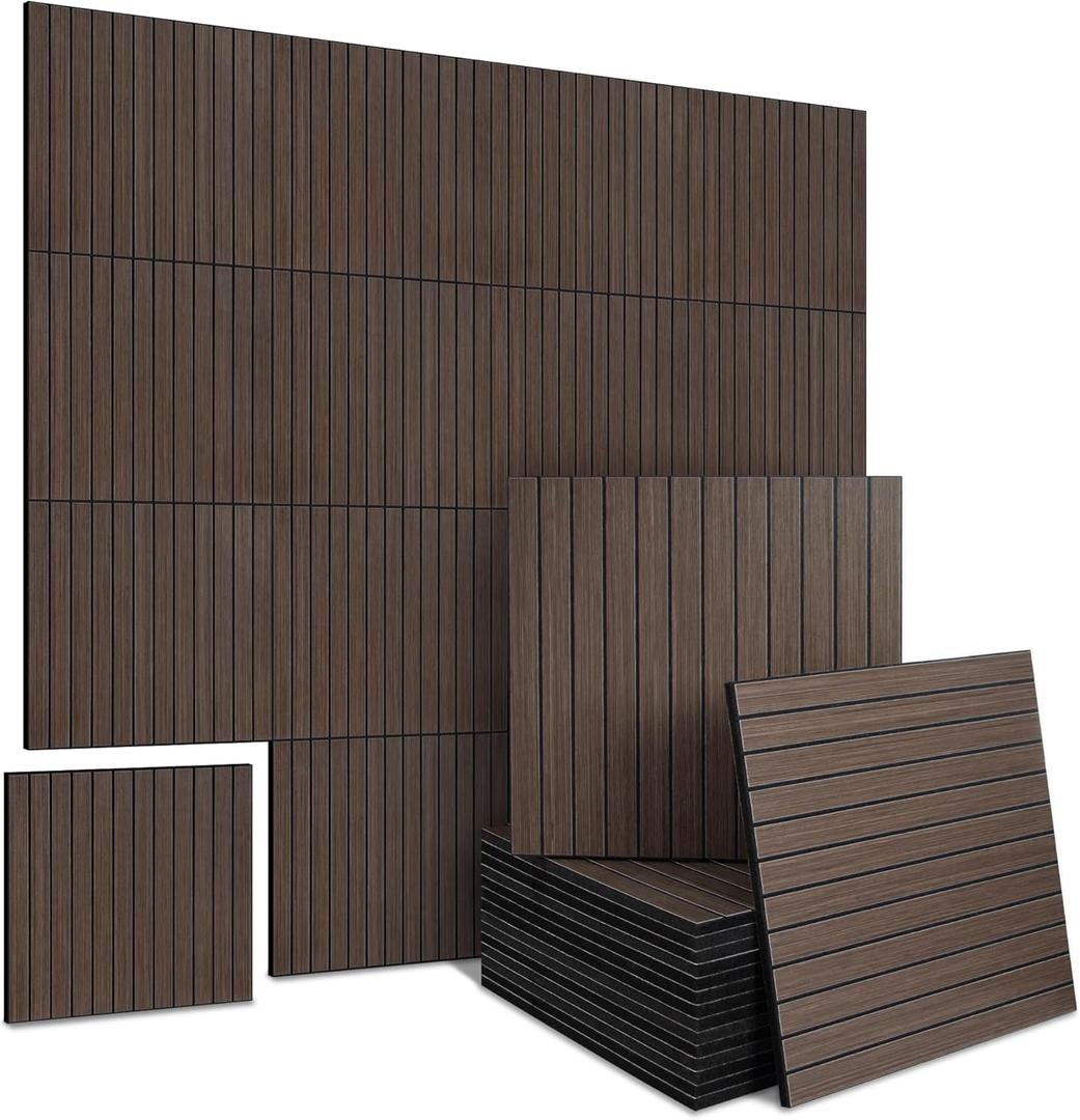 16-Pack Peel and Stick Acoustic Wall Panels, 11.8" x 11.8" PET Soundproof & Noise Cancelling Acoustic Felt, Self-Adhesive 3D Sound Absorbing Slat Wall Paneling for Interior Wall Decor, Walnut
