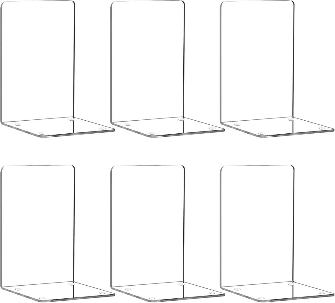 HappyHapi Book Ends 6 Pcs Acrylic Bookends Clear Book Holders for Shelves, Book Organizer with 24 Pcs Silicone Non-Slip Mats for Library Office School (5 * 5 * 7.3 inch 3mm Thickness 3 Pairs/ 6 Pcs)