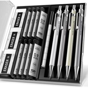 Four Candies 0.9mm Metal Mechanical Pencil Set with Case - 4PCS Fancy Mechanical Pencils, 8 Tubes HB #2 Lead Refills, 3PCS 4B Erasers and 9PCS Eraser Refills, Led Pencils Mechanical for Writing