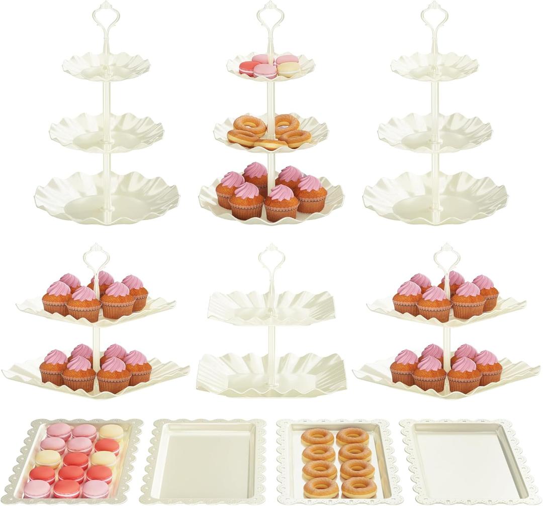 10 Pack Cake Stand Set with 3 x Two-Tier and 3 x Three-Tier Cupcake Stands, Plastic Dessert Table Stand Set 3 Tired Cookie Tray and 4 Pcs Dessert Trays