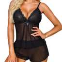 RSLOVE Womens Pajama Sets Lace Lingerie Sets 2 Piece Cami Shorts Set PJ Set Sleepwear Nightwear (Small, Black)