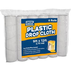 12 x 9 Ft Drop Cloths (6-Pack)  Plastic Sheeting & Painters Plastic Tarps for Painting, Waterproof Floor & Furniture Protection