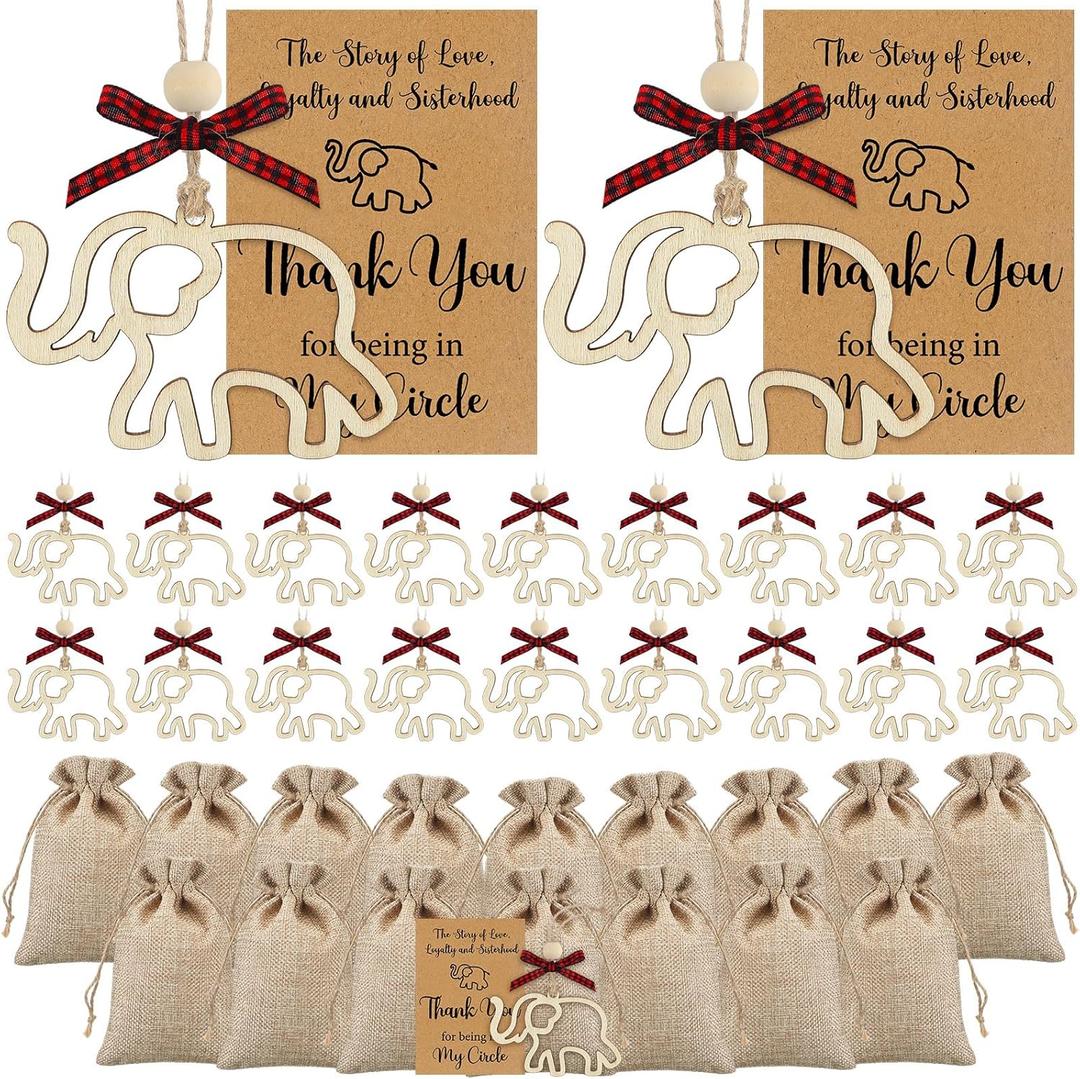 Thyle 24 Sets Friendship Elephant Ornaments Wooden Christmas Friendship Ornament with Story Cards Sisterhood Elephant Gifts for Women Tribe with Gift Bags for Xmas Best Friends Birthday Gifts(Warm)