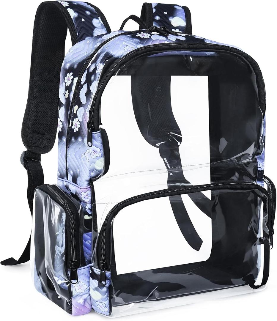 Clear Backpack Heavy Duty,18'' Large Clear Backpack with Multiple Pockets,See Through Bookbag for College Work Security,LOVE Light Purple & Black