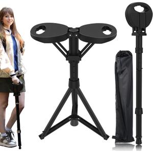 Folding Walking Stick with Seat, 3-in-1 Triple-Leg Cane Stool, 330lbs Capacity, Lightweight 3.5lbs Aluminum Alloy for Hiking, Travel & Elderly Support Includes Storage Bag