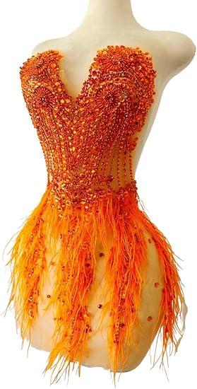 Zbroh Beautiful Ostrich fur decoration large full bodice applique pure handsewing rhinestones beads lace trim patches (Red)