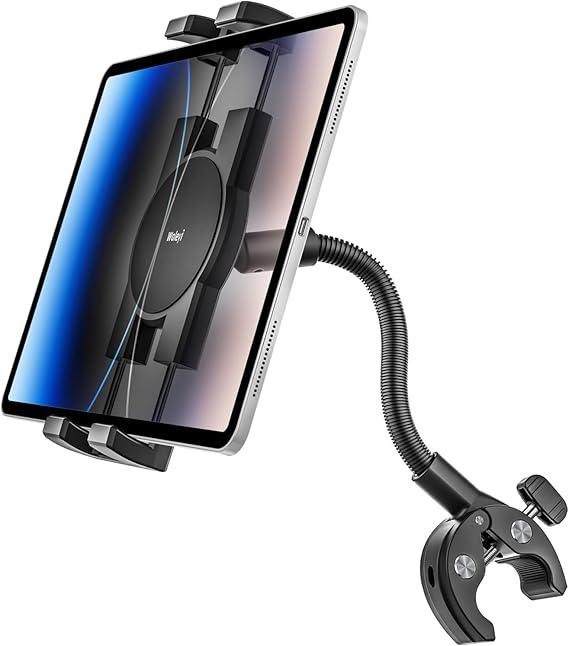 Gooseneck Tablet Holder, iPad Holder for Stroller/Treadmill/Golf Cart/Boat/Mic Stand/Wheelchair/Gym Bicycle Handlebar Clamp, Compatible